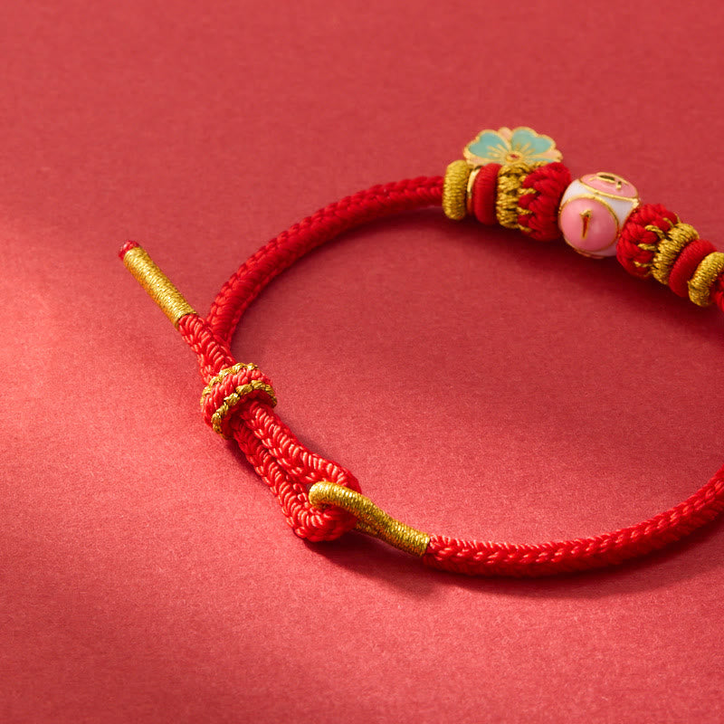 Bracelet de Protection Fleur de Pêcher en Cuivre Plaqué Or & Fil Rouge