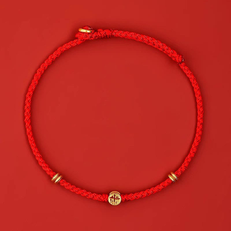 Bracelet Porte-Bonheur Fil Rouge & Symbole Fu en Argent Sterling 925