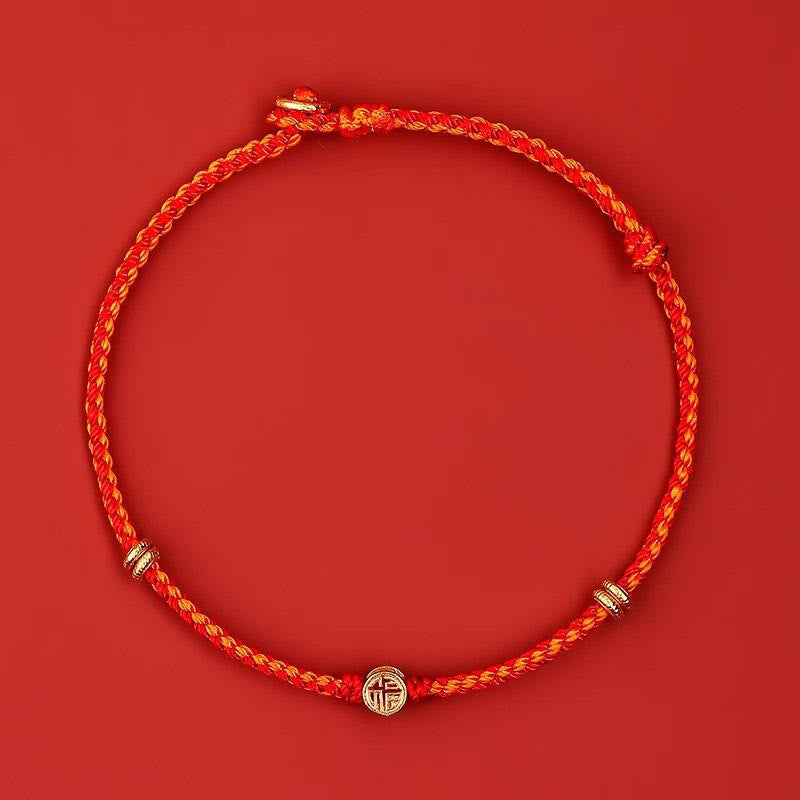 Bracelet Porte-Bonheur Fil Rouge & Symbole Fu en Argent Sterling 925