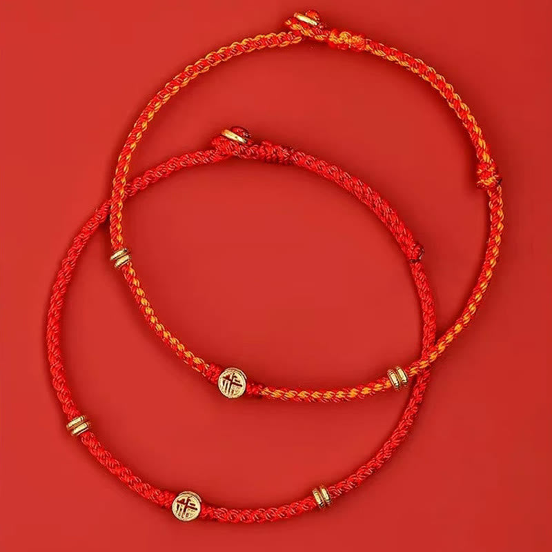 Bracelet Porte-Bonheur Fil Rouge & Symbole Fu en Argent Sterling 925