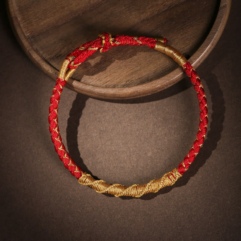 Bracelet Tibétain en Fil Doré & Fil Rouge, Nœud Écailles de Dragon Ajustable