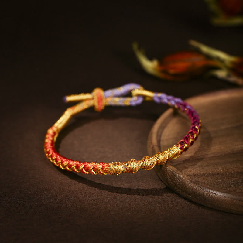 Bracelet Tibétain en Fil Doré & Fil Rouge, Nœud Écailles de Dragon Ajustable