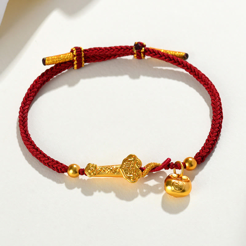 Bracelet Tressé Porte-Bonheur Fil Rouge Fu & Bâton Ruyi
