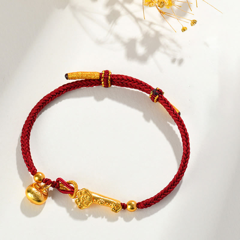 Bracelet Tressé Porte-Bonheur Fil Rouge Fu & Bâton Ruyi