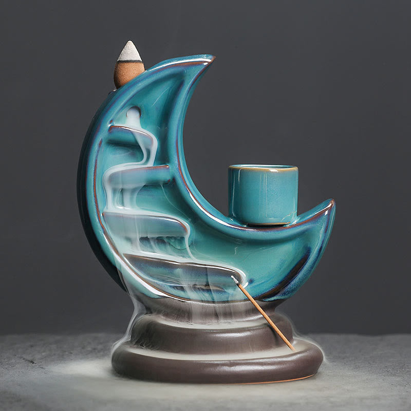 Brûleur d’Encens Lune Croissante Bleu en Céramique à Reflux – 12,2 cm