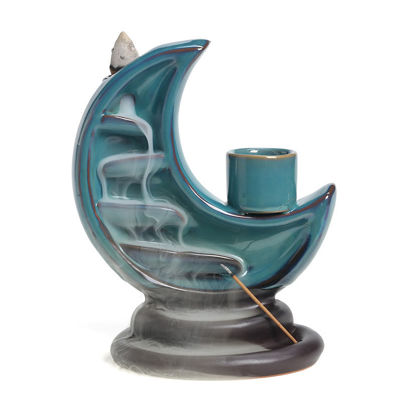 Brûleur d’Encens Lune Croissante Bleu en Céramique à Reflux – 12,2 cm