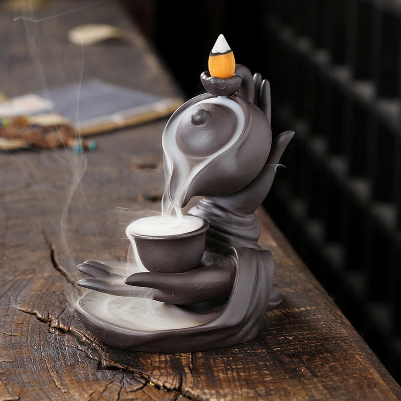Porte-Encens Main de Bouddha Céramique – Effet Fumée à Reflux 13,7 cm