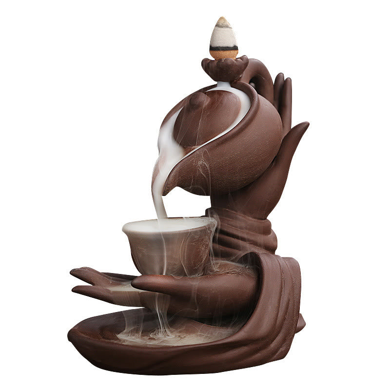 Bouddha Main Tenant Théière Tasse Céramique Fontaine de Fumée à Refoulement Brûleur d'Encens de Guérison Décoration
