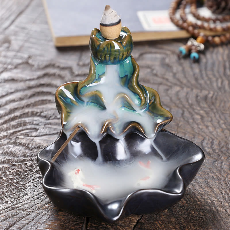 Porte-Encens à Reflux Lotus avec Poisson Koi en Céramique – 11,5 cm