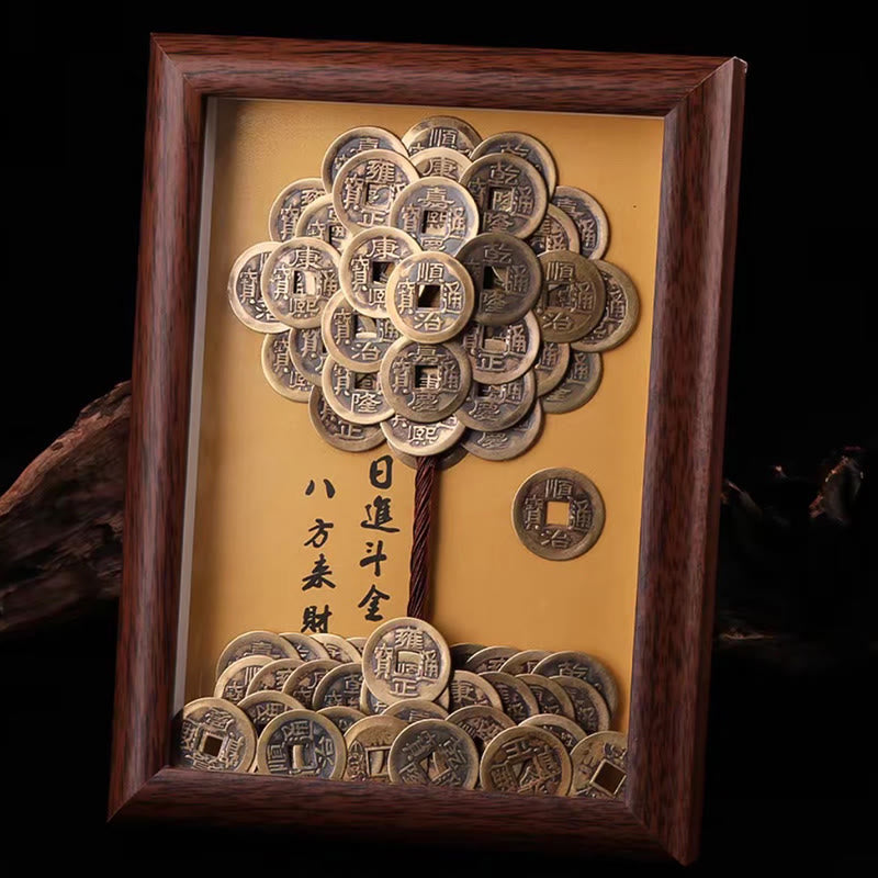 Arbre à trésors en Buddha Stones , pièces des cinq empereurs, cadre photo décoratif pour la maison, symbole de chance et de protection.
