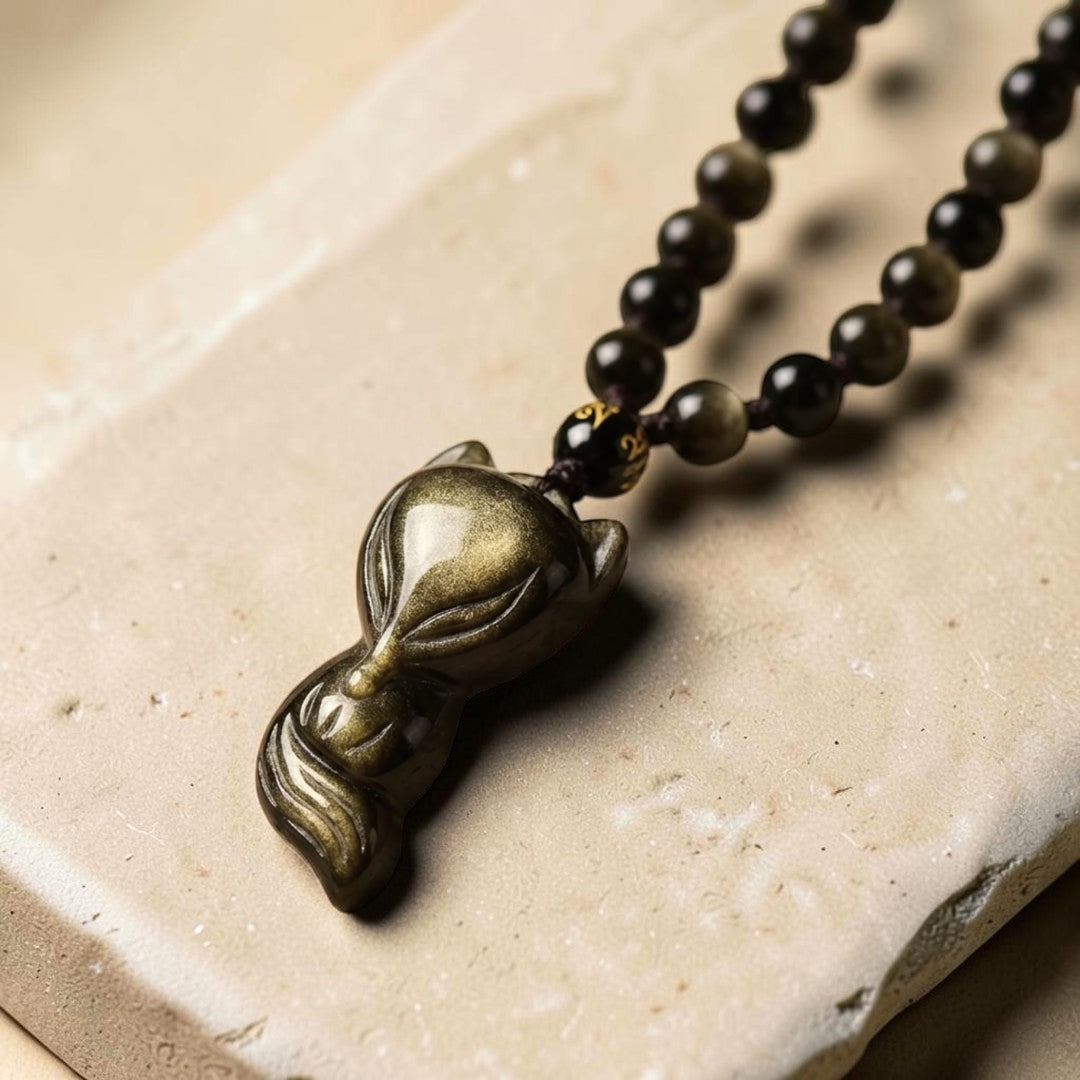 Pendentif Renard Sage en Obsidienne Dorée