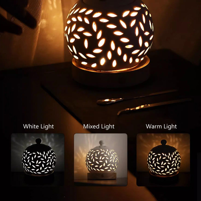 Veilleuse & Brûleur d’Encens Électrique Branche Ajourée – Porcelaine Blanche & Bois Naturel