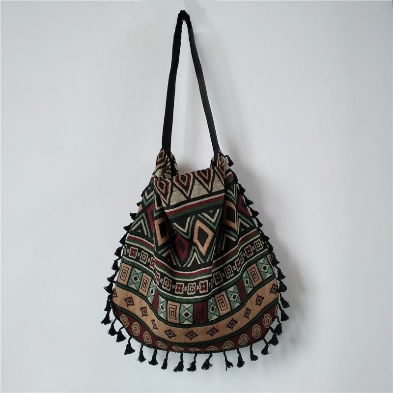 Sac à bandoulière femme bohème à franges – Polyester – 43 cm