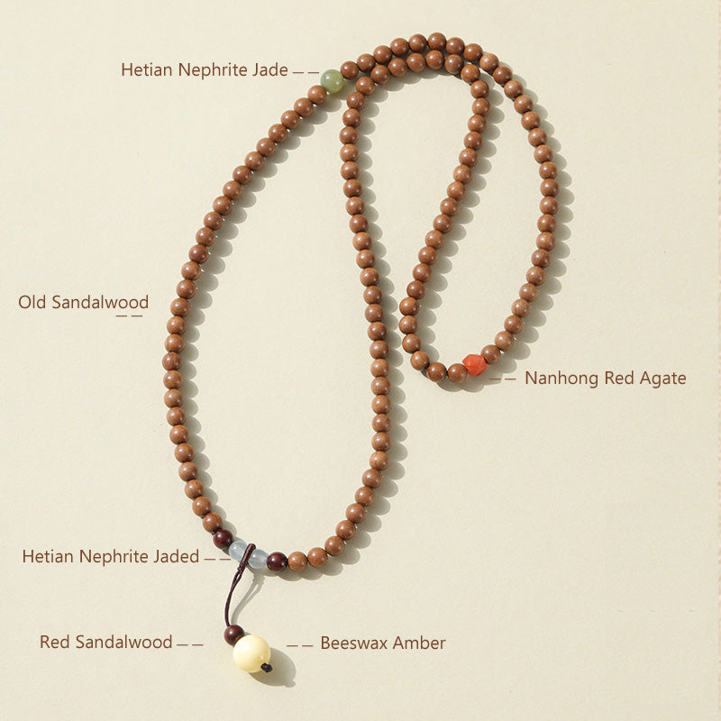 Bracelet Mala en Bois de Santal Ancien – Symboles Sacrés & Pierres Naturelles