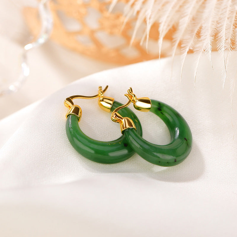 Boucles d’Oreilles Pendantes Porte-Bonheur en Jade Hetian Cyan Plaqué Or – 23 mm