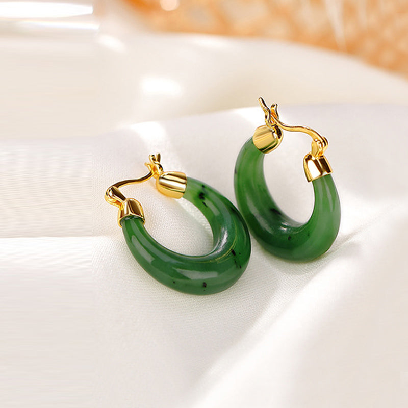 Boucles d’Oreilles Pendantes Porte-Bonheur en Jade Hetian Cyan Plaqué Or – 23 mm