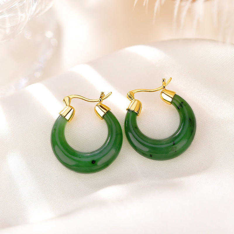 Boucles d’Oreilles Pendantes Porte-Bonheur en Jade Hetian Cyan Plaqué Or – 23 mm