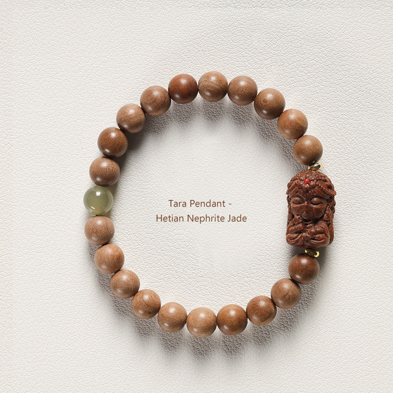 Bracelet Mala Tara en Bois de Santal Ancien & Pierres Naturelles – Perles ~8 mm