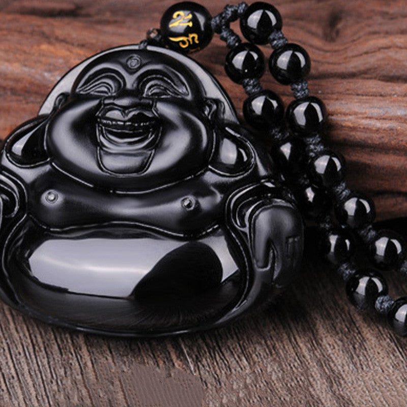 Pendentif Bouddha Rieur en Obsidienne Noire Naturelle