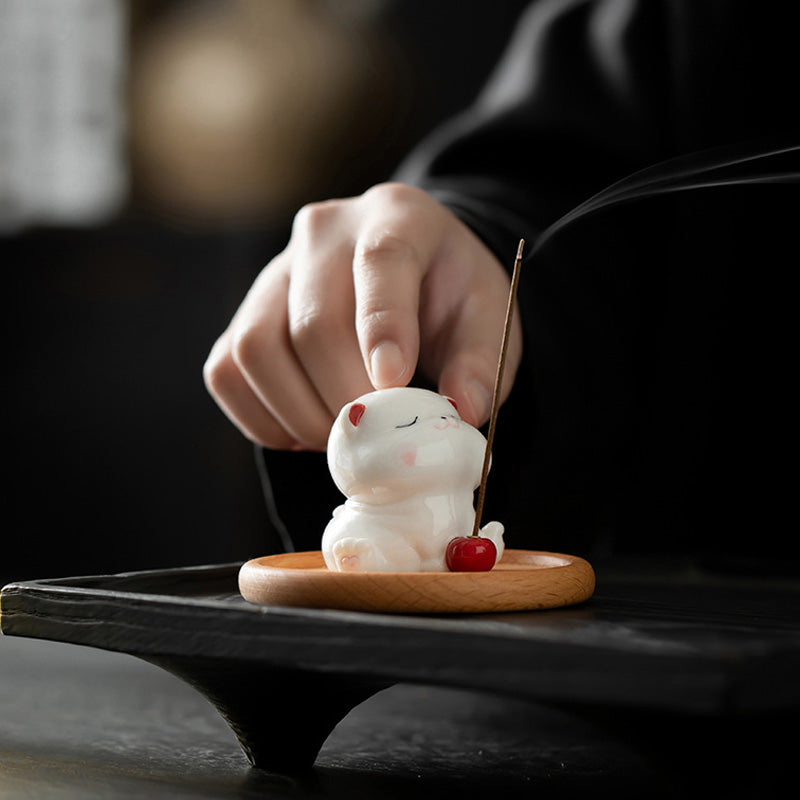 Porte-Encens Céramique Chat – Design Adorable & Plateau Bois (5,4 cm)