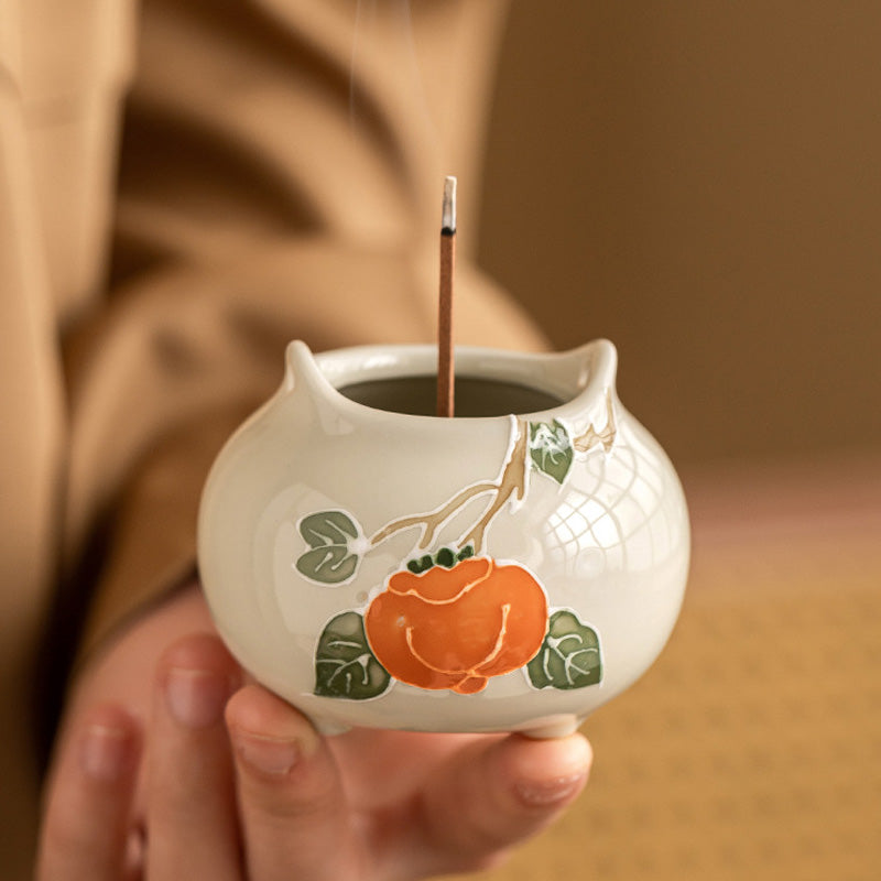 Porte-Encens en Céramique Shi Shi Ru Yi – Motif Kakis Auspicieux (6,7 cm)