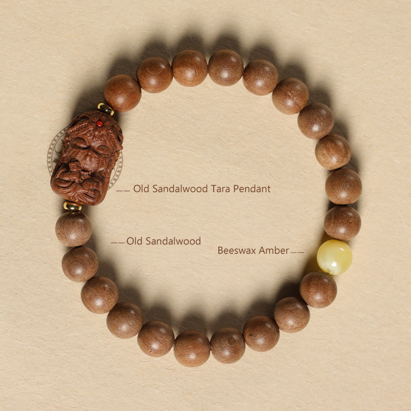 Bracelet Mala Tara en Bois de Santal Ancien & Pierres Naturelles – Perles ~8 mm