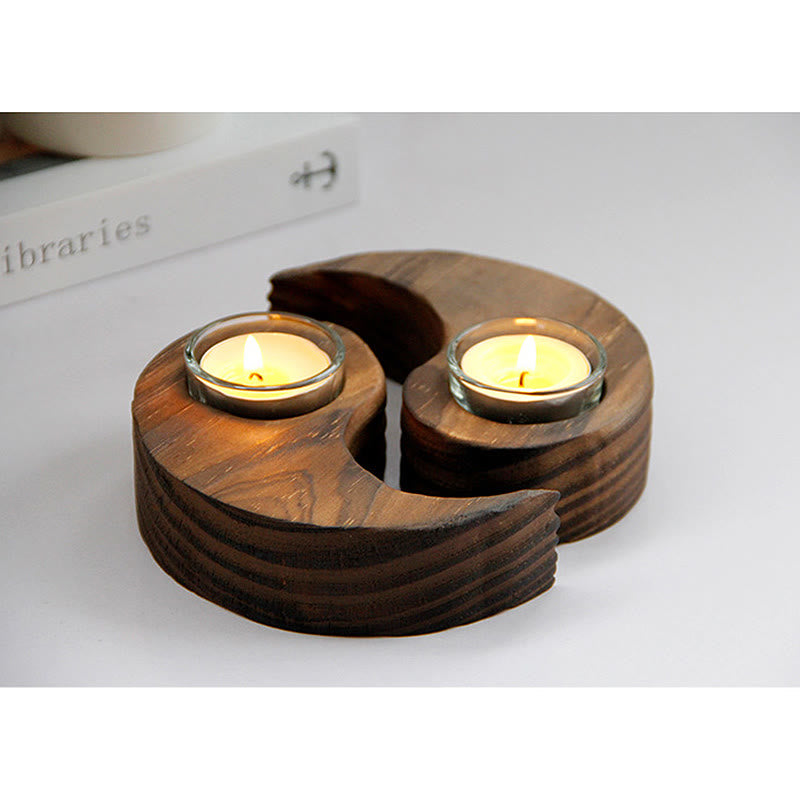 Porte Bougie Yin Yang en Bois pour Autel Spirituel