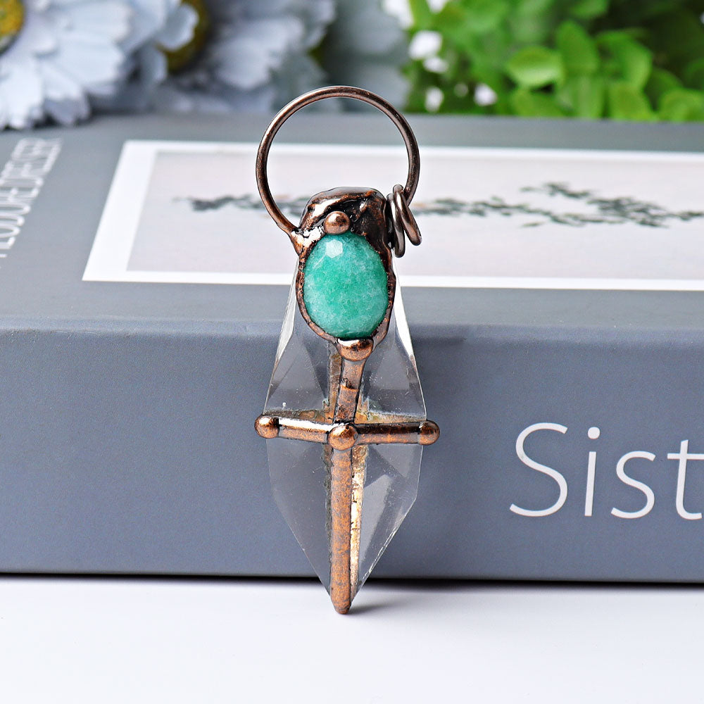 Pendentif Pointe en Quartz Clair & Amazonite Naturelle – 7,6 cm