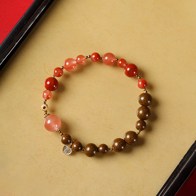 Bracelet Nanhong Agate & Perles Parfumées – “Cinq Voies du Dieu de la Richesse” (6–8 mm)
