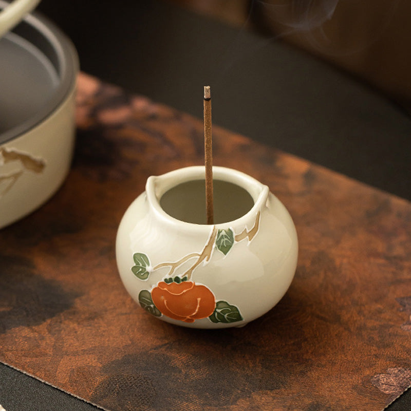 Porte-Encens en Céramique Shi Shi Ru Yi – Motif Kakis Auspicieux (6,7 cm)