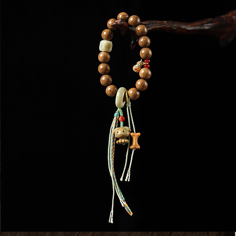 Bracelet Six Voies en Bois Ancien – Perles Sculptées ~12 mm & Éléments Naturels