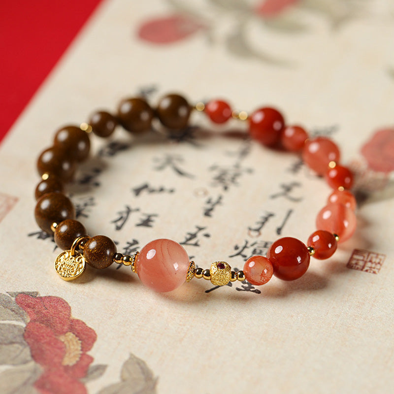 Bracelet Nanhong Agate & Perles Parfumées – “Cinq Voies du Dieu de la Richesse” (6–8 mm)