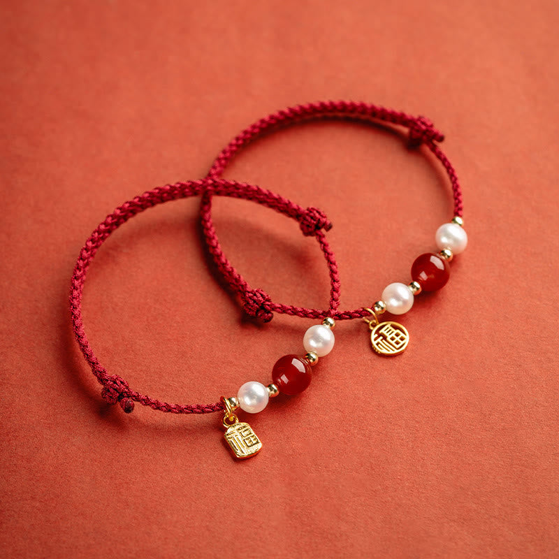 Bracelet Fil Rouge en Argent Sterling 925 avec Symbole Fu (福)