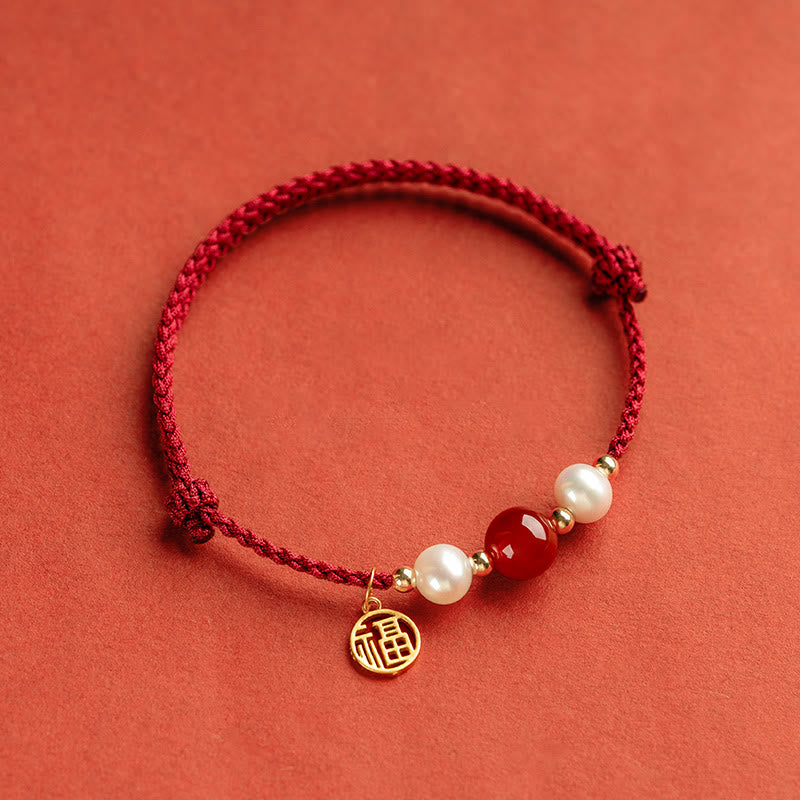 Bracelet Fil Rouge en Argent Sterling 925 avec Symbole Fu (福)