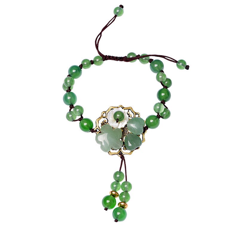 Bracelet Porte-Bonheur en Jade Vert & Fleur Symbolique | Harmonie & Épanouissement