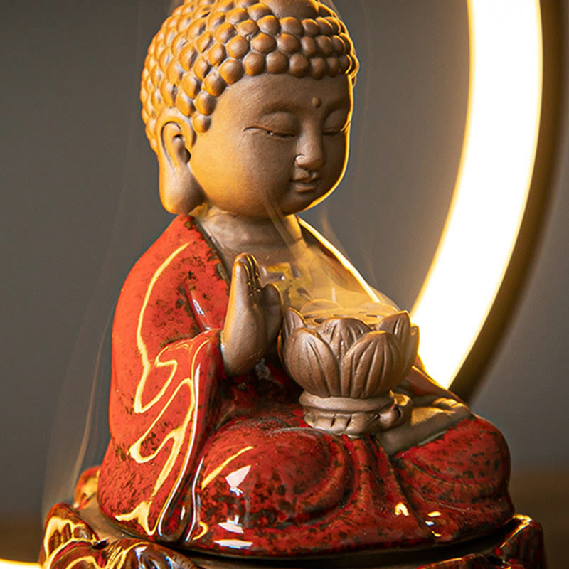 Brûleur d’Encens Reflux Bouddha Lotus en Céramique – Porte-Encens LED