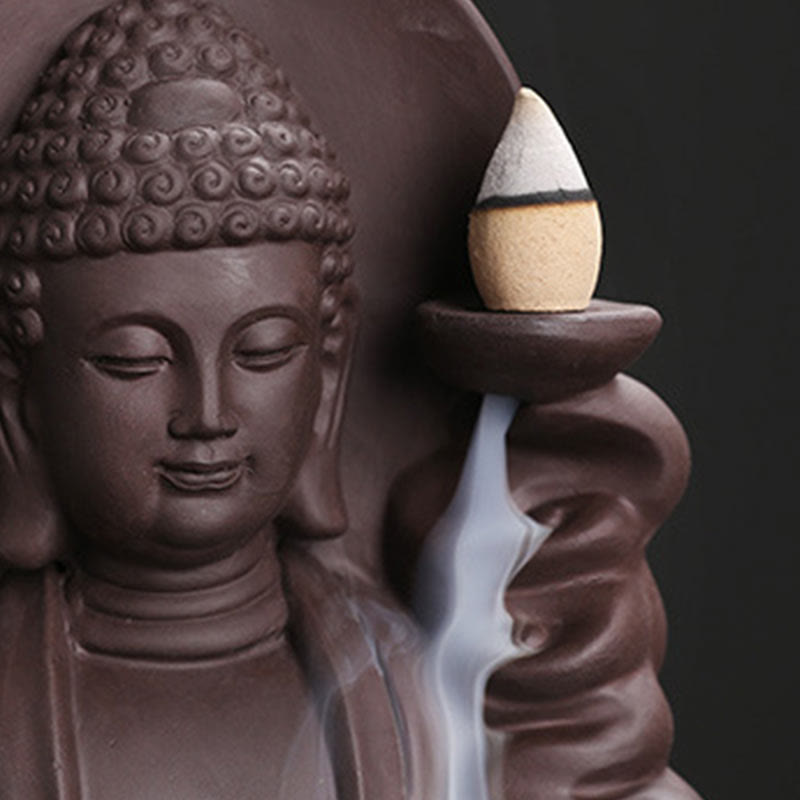 Brûleur d’Encens à Reflux Bouddha en Argile Pourpre – Design Lotus