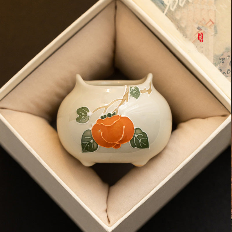 Porte-Encens en Céramique Shi Shi Ru Yi – Motif Kakis Auspicieux (6,7 cm)