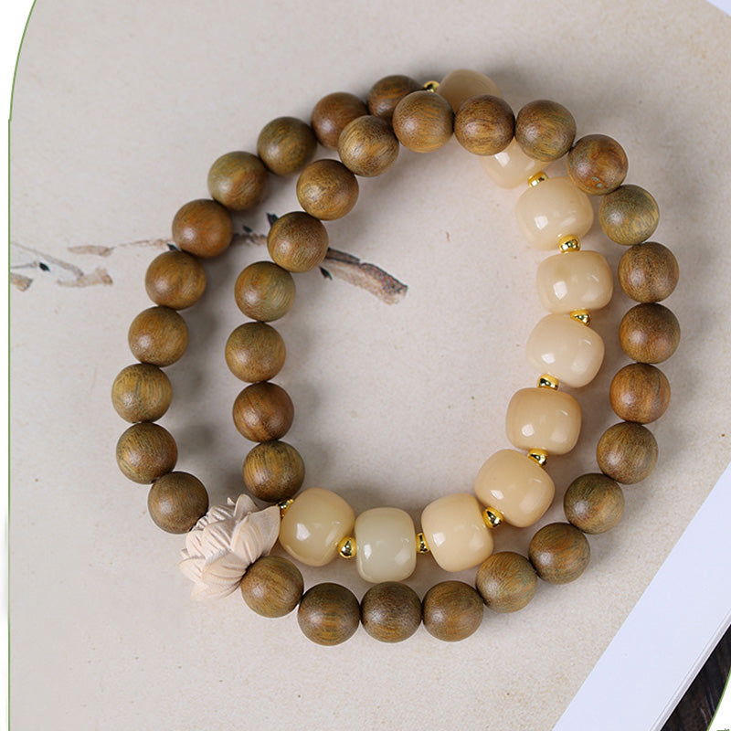 Bracelet Mala Lotus en Bois de Santal Vert & Graines de Bodhi – Perles ~8 mm