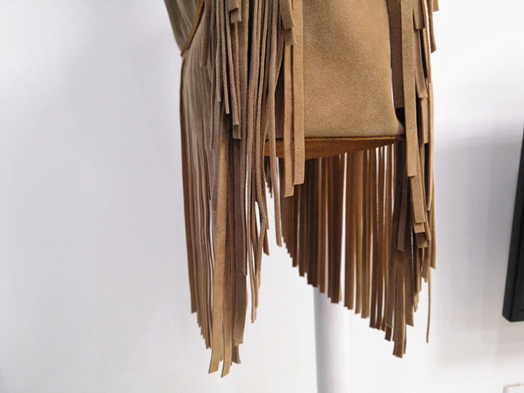 Sac à bandoulière femme à franges en cuir – Cuir véritable – 28 cm