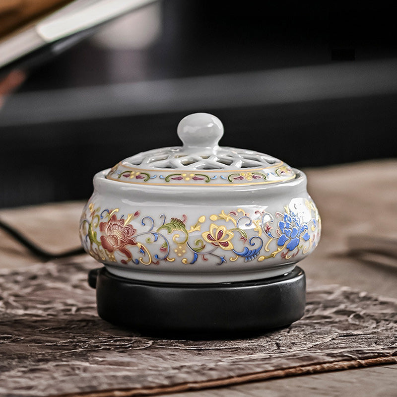 Brûleur d’Encens Électrique Lotus Peint – Céramique Artisanale d’Inspiration Chinoise