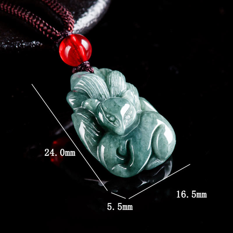 Collier de Prospérité Renard à Neuf Queues en Jade Vert Naturel – Pendentif Symbolique Unisexe