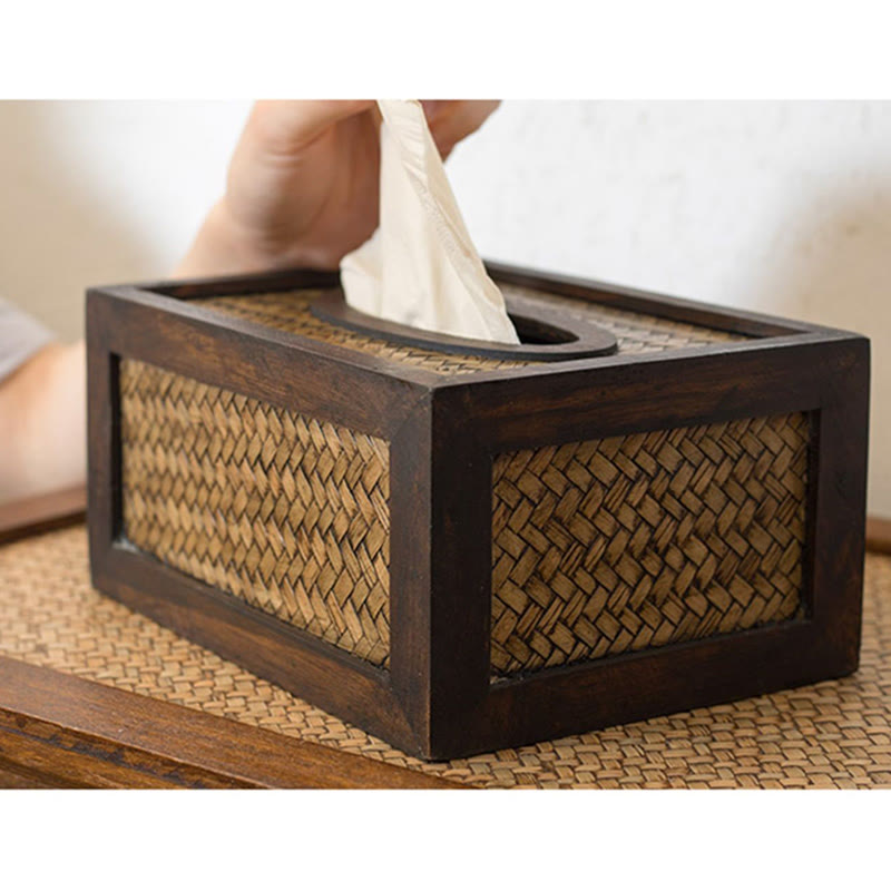 Boîte à mouchoirs en bois tressé en bambou fait à la main Porte-mouchoirs en bois Boîtes à lingettes Décoration