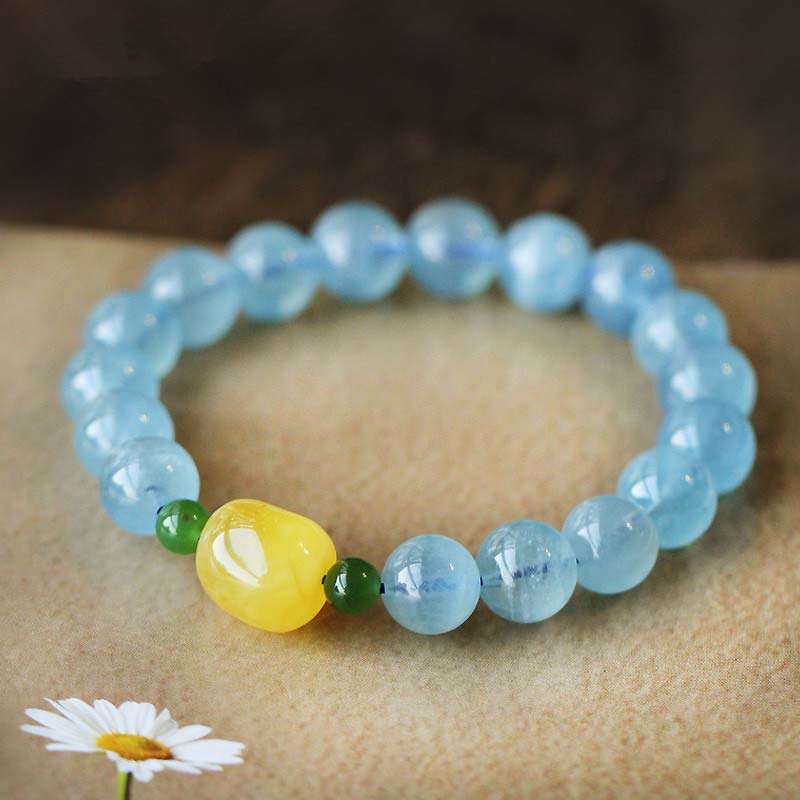 Bracelet Sérénité en Aigue-Marine & Ambre Naturels 8 mm | Harmonie & Apaisement Symbolique
