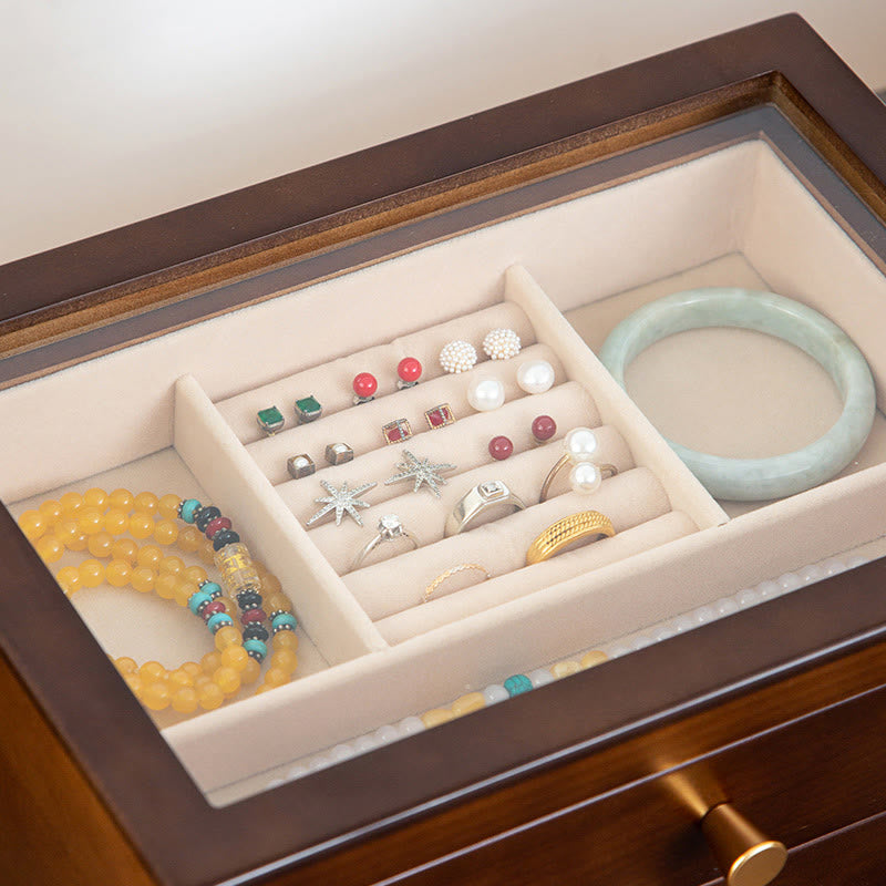 Boîte à bijoux rétro en bois massif avec tiroir et Buddha Stones