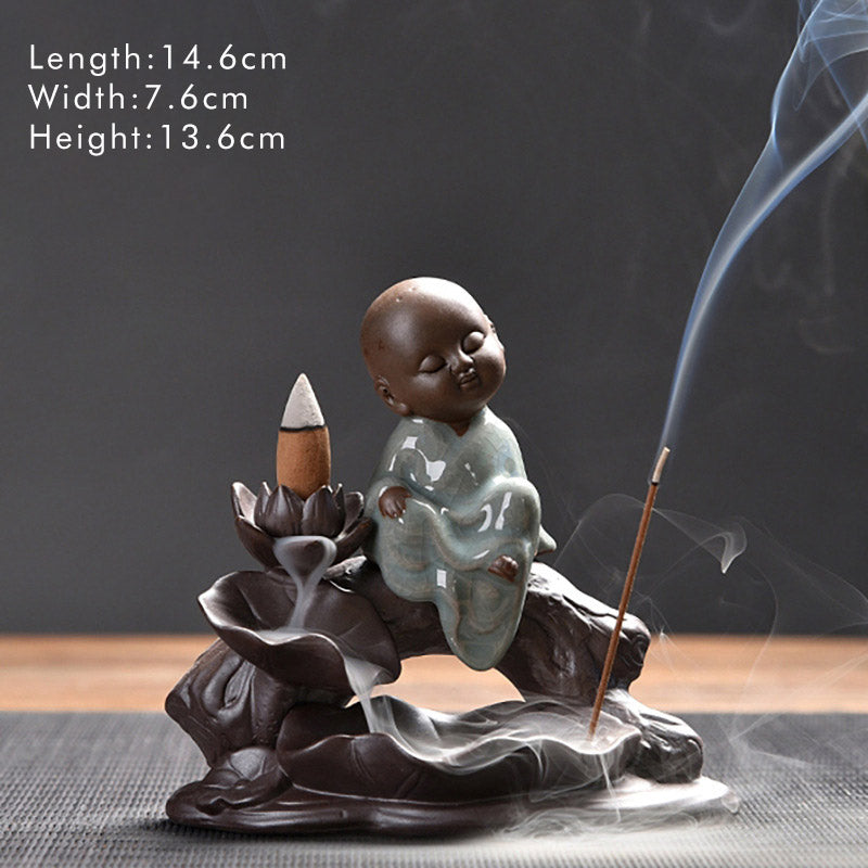 Brûleur d’Encens en Céramique Lotus & Petit Moine à Reflux