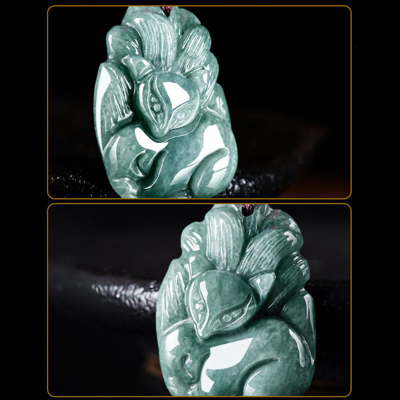 Collier de Prospérité Renard à Neuf Queues en Jade Vert Naturel – Pendentif Symbolique Unisexe