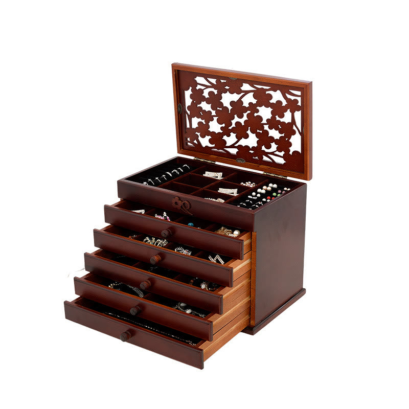 Boîte à bijoux en bois sculpté à six niveaux avec Buddha Stones et fleur de prunier vintage