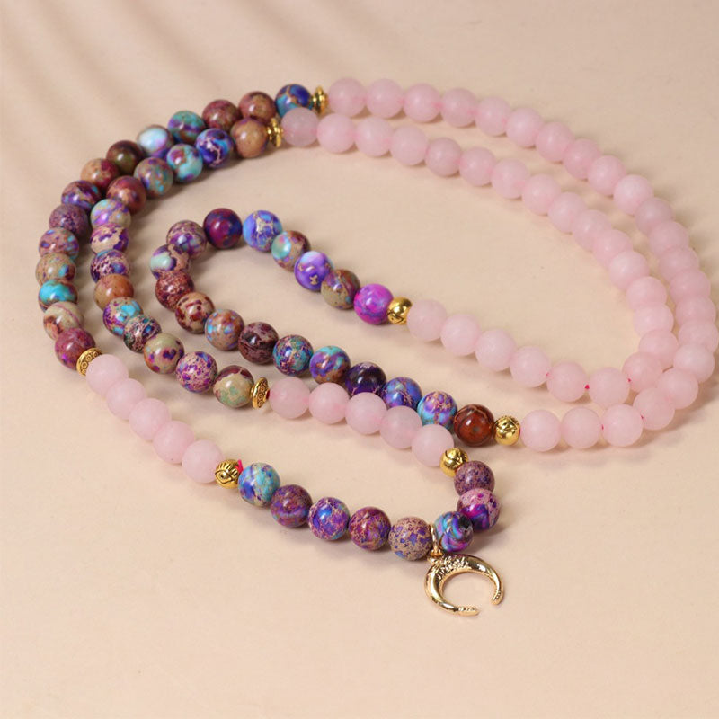 Mala de Méditation 108 Perles en Miano Real & Cristal Rose – Bracelet / Collier Spirituel Unisexe