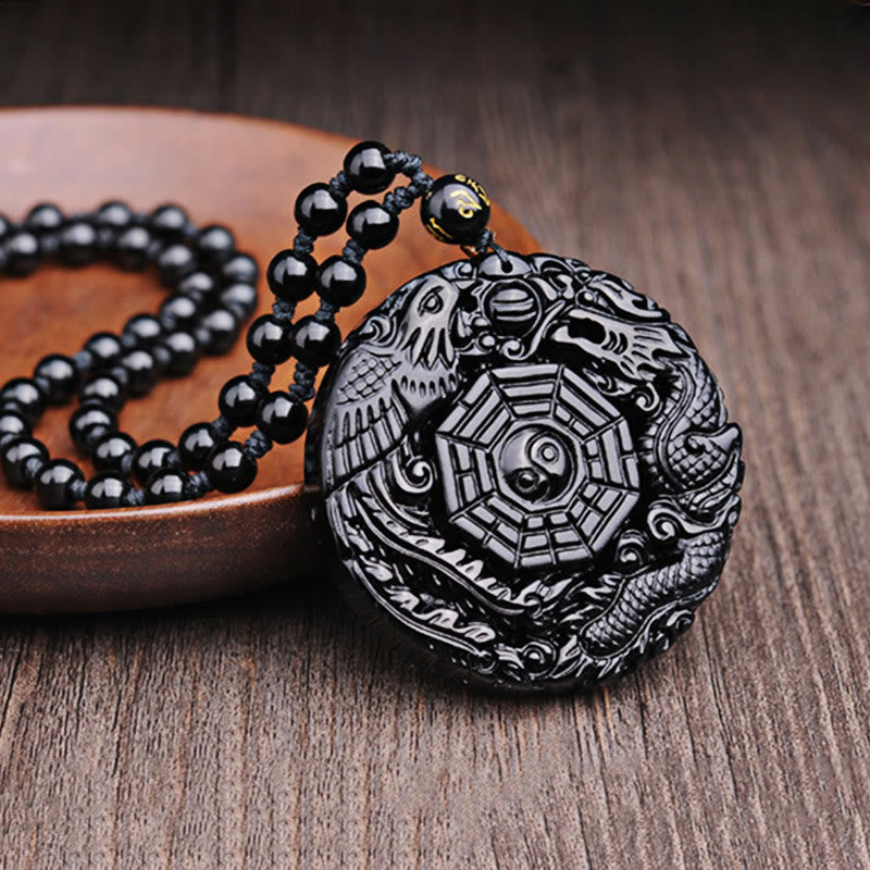 Pendentif Bagua Dragon & Phénix en Obsidienne Noire Naturelle